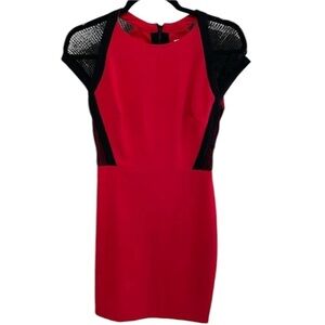 Cache Red and Black Mesh Cap Sleeve Zippered Back Sexy Sheath Dress Size 6